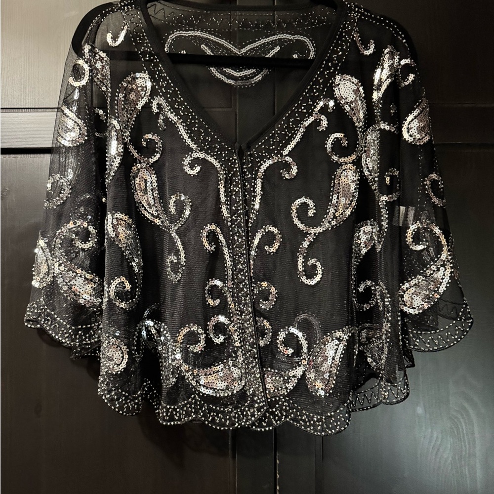Elegant Black and Silver Embellished Women's Cape
